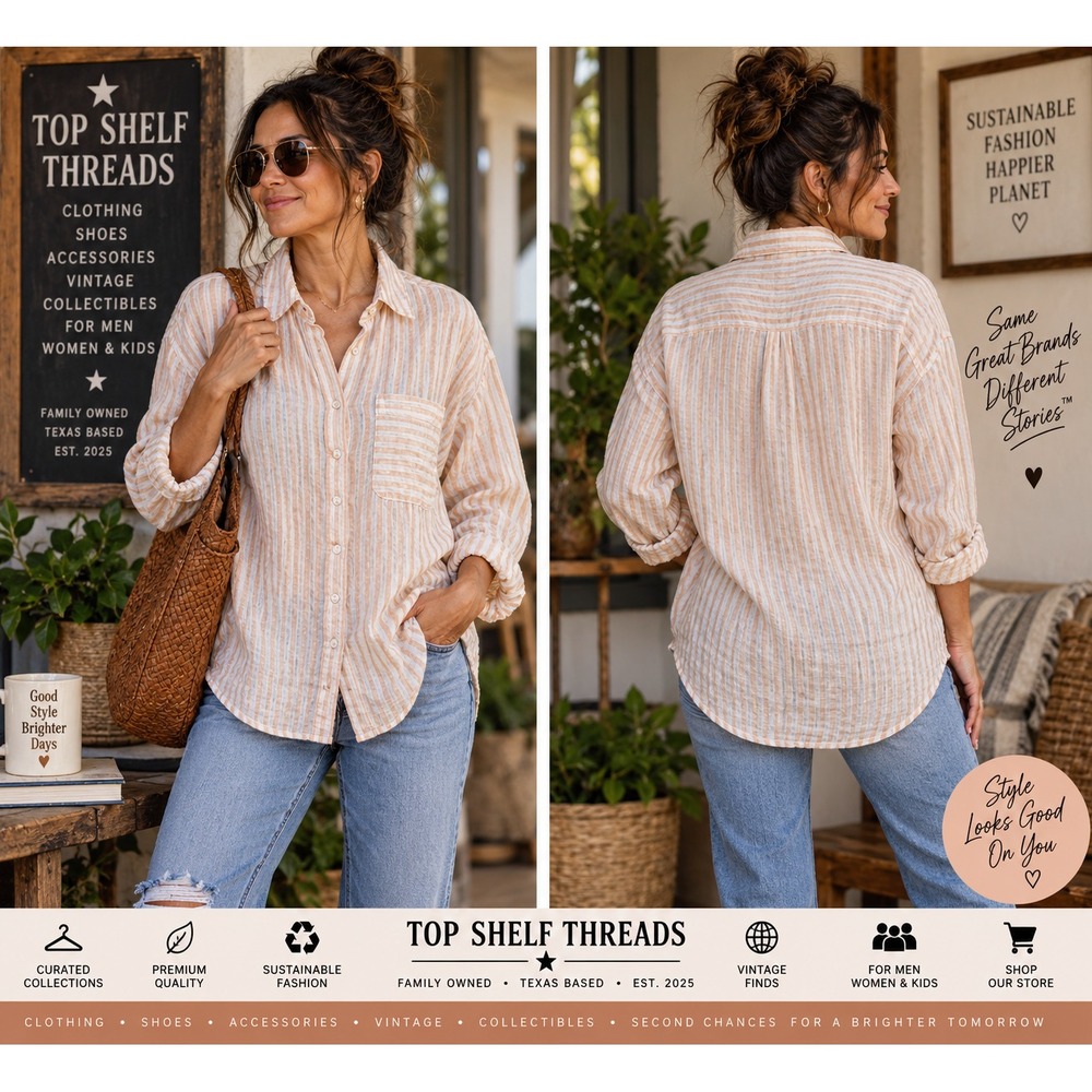 GB Women M Peach White Striped Linen Blend Button Down Shirt Coastal Oversized